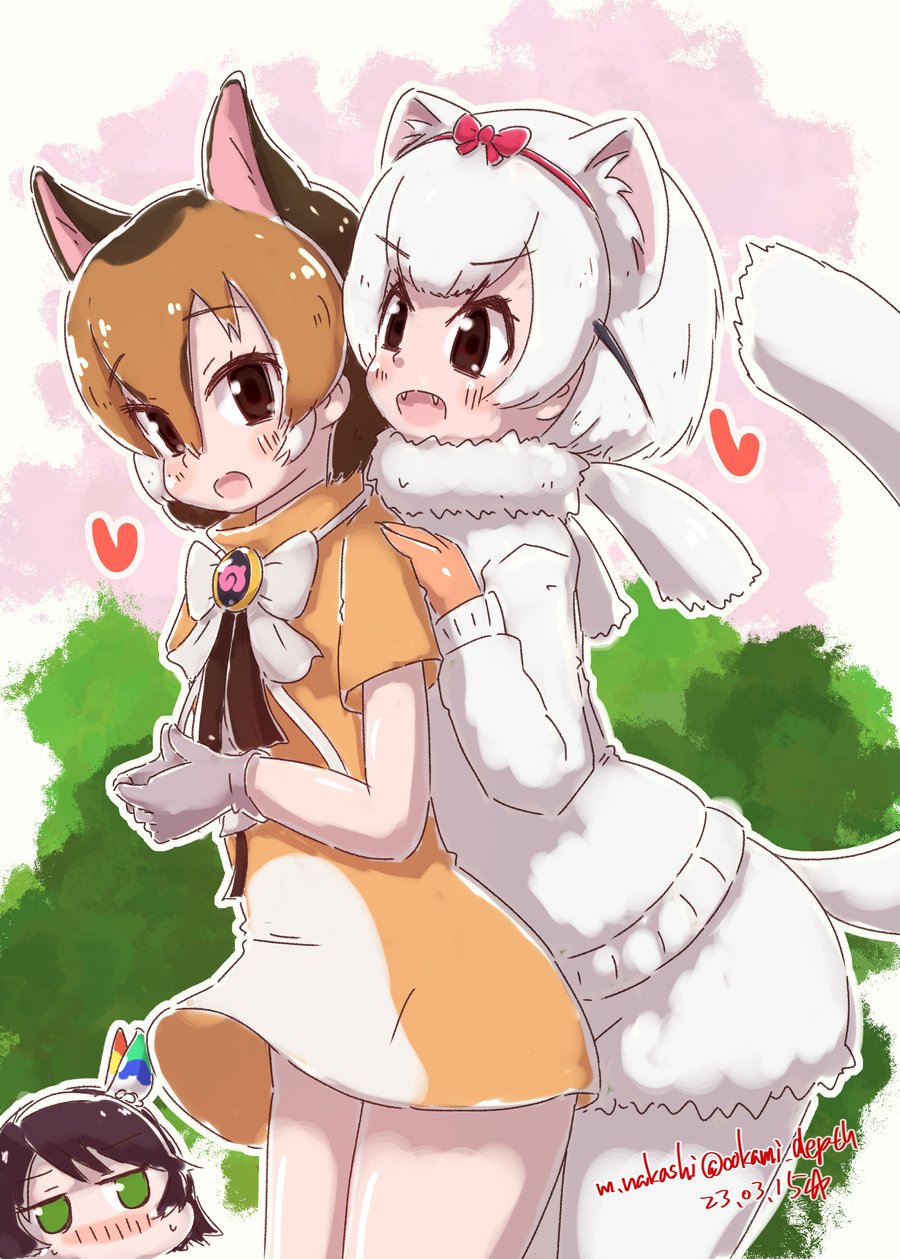 animal_ear_fluff, animal_ears, black_eyes, bow, bowtie, brown_eyes, brown_hair, chevrotain_(kemono_friends), dress, gloves, highres, jinri_(kemono_friends), kemono_friends, kemono_friends_kingdom, kneehighs, least_weasel_(kemono_friends), multiple_girls, nakashi_masakumi, open_mouth, pantyhose, ribbon, scarf, shirt, shoes, short_hair, shorts, simple_background, socks, tail, white_hair