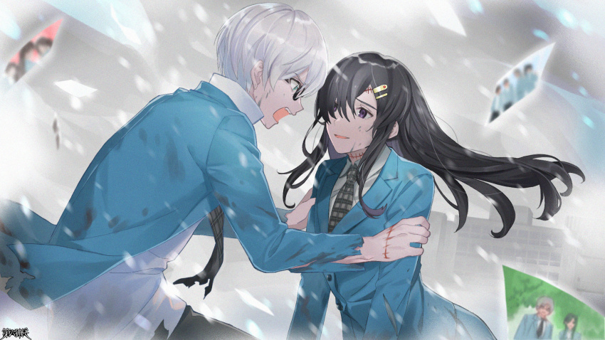 1boy, 1girl, black_eyes, black_hair, black_necktie, blazer, blue_eyes, blurry