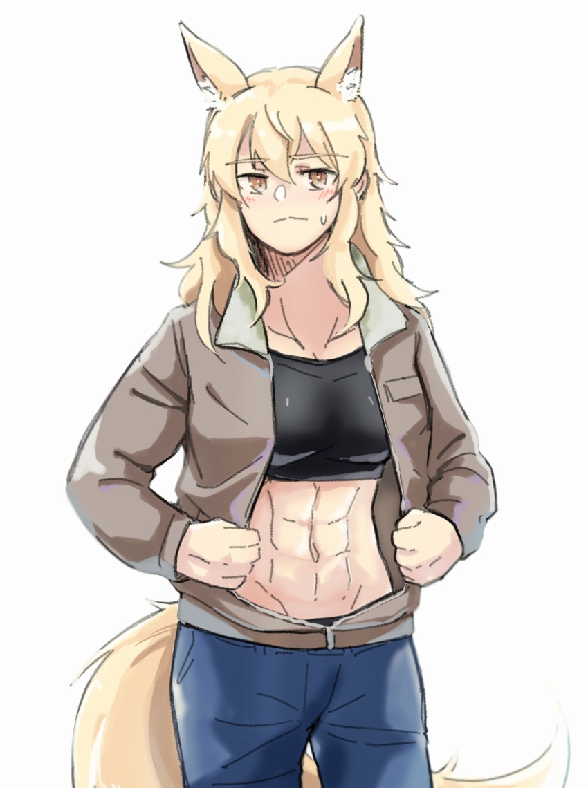 1girl, abs, absurdres, alternate_costume, animal_ear_fluff, animal_ears, arknights, black_shirt, blonde_hair, blush, breasts, brown_jacket, cowboy_shot, crop_top, denim, highres, horse_ears, horse_girl, horse_tail, jacket, jeans, long_hair, looking_at_viewer, medium_breasts, muscular, muscular_female, navel, nearl_(arknights), orange_eyes, pants, seung-aeja, shirt, simple_background, solo, sweatdrop, tail, toned, white_background