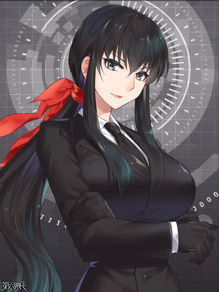 1girl, arms_under_breasts, black_gloves, black_hair, black_necktie, breast_lift, breasts, copyright_name