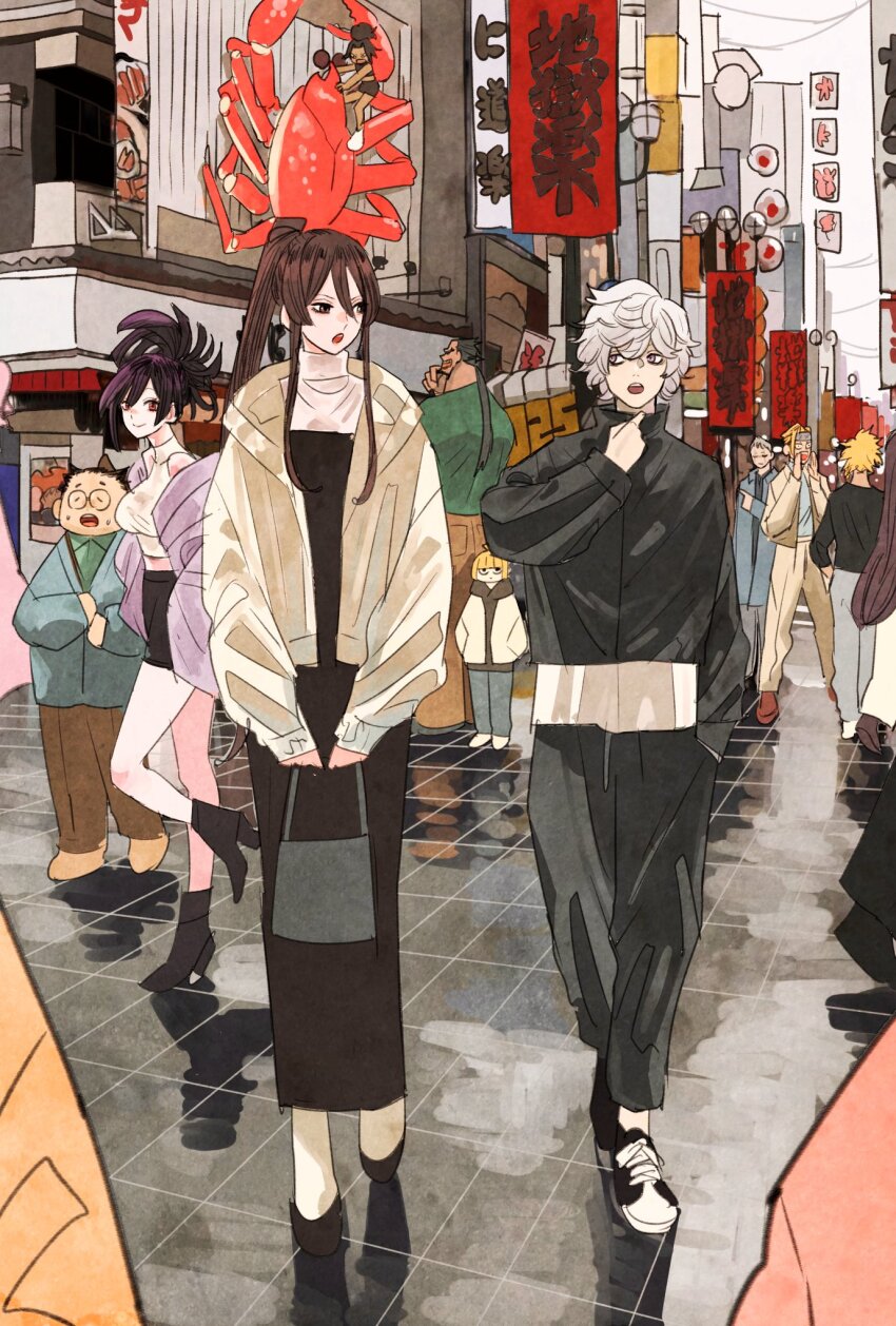3girls, 6+boys, aza_choubei, aza_touma, bag, black_hair, black_jacket, black_skirt