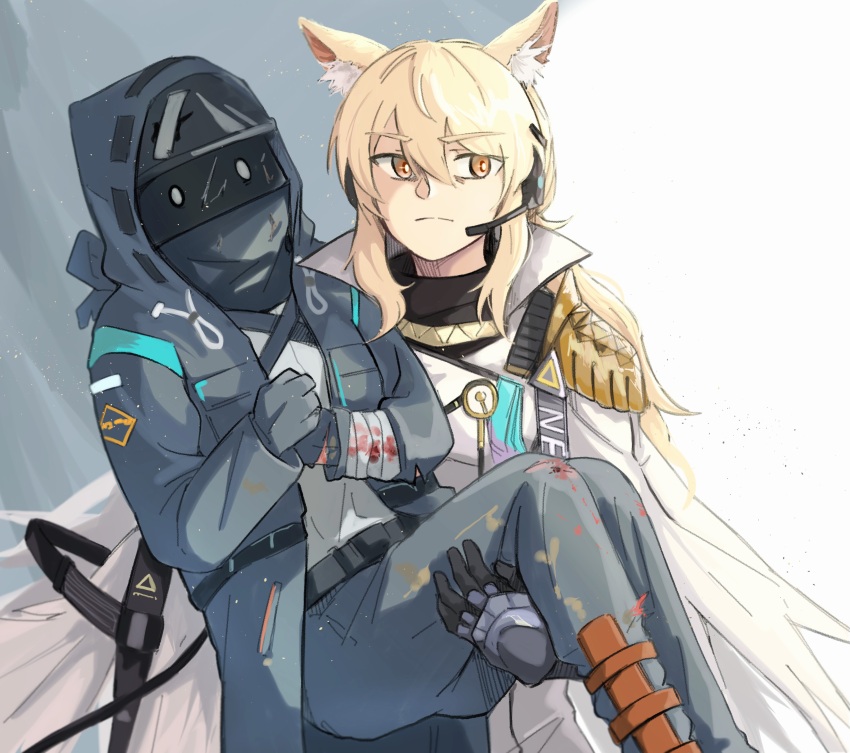 1girl, 1other, absurdres, ambiguous_gender, animal_ear_fluff, animal_ears, arknights, armor