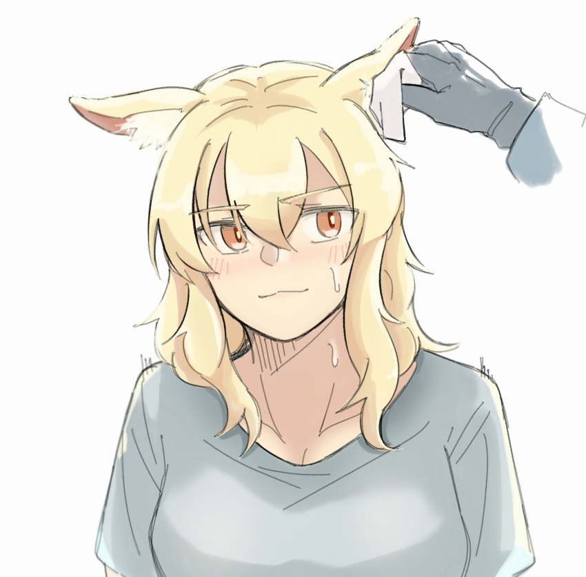 1girl, absurdres, animal_ear_fluff, animal_ears, arknights, black_gloves, blonde_hair, blush