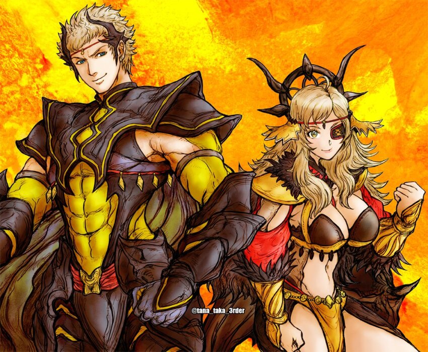 1boy, 1girl, abs, ahoge, armor, blonde_hair, blue_eyes, bodystocking