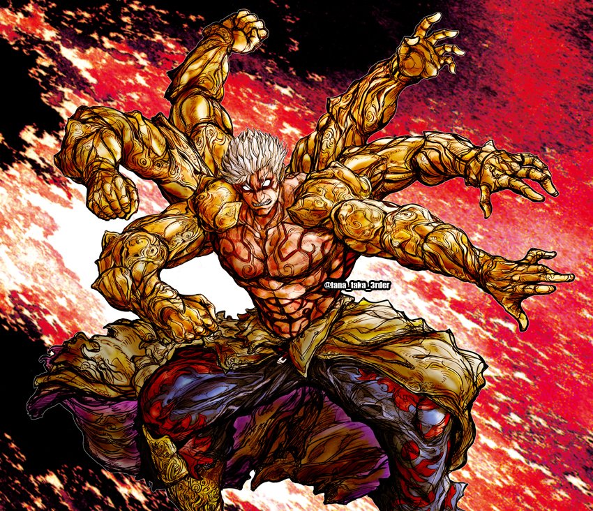 1boy, asura's_wrath, asura_(asura's_wrath), bare_pectorals, berserker_rage, commission, dougi, extra_arms