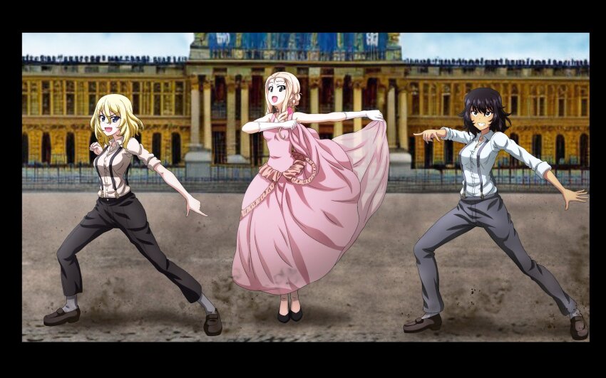 3girls, andou_(girls_und_panzer), black_hair, black_pants, blonde_hair, blue_eyes, blush, braid