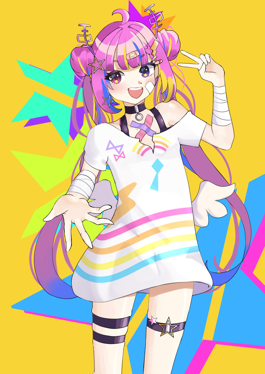 1girl, absurdres, ahoge, bandages, bandaid, bandaid_on_face, commission, hair_ornament, happy, heterochromia, highres, chromashift, knees_up, maril_zu, multicolored_hair, open_mouth, pink_eyes, purple_eyes, riro_ron, shirt, simple_background, star_(symbol), teeth, thighs, twintails, v, virtual_youtuber, wings