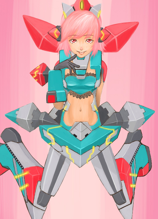 1girl, cosmic_break, female_focus, hair_ornament, kp-xx, mecha_musume, midriff, navel, pink_hair, red_eyes, solo, winberrl, winberyll
