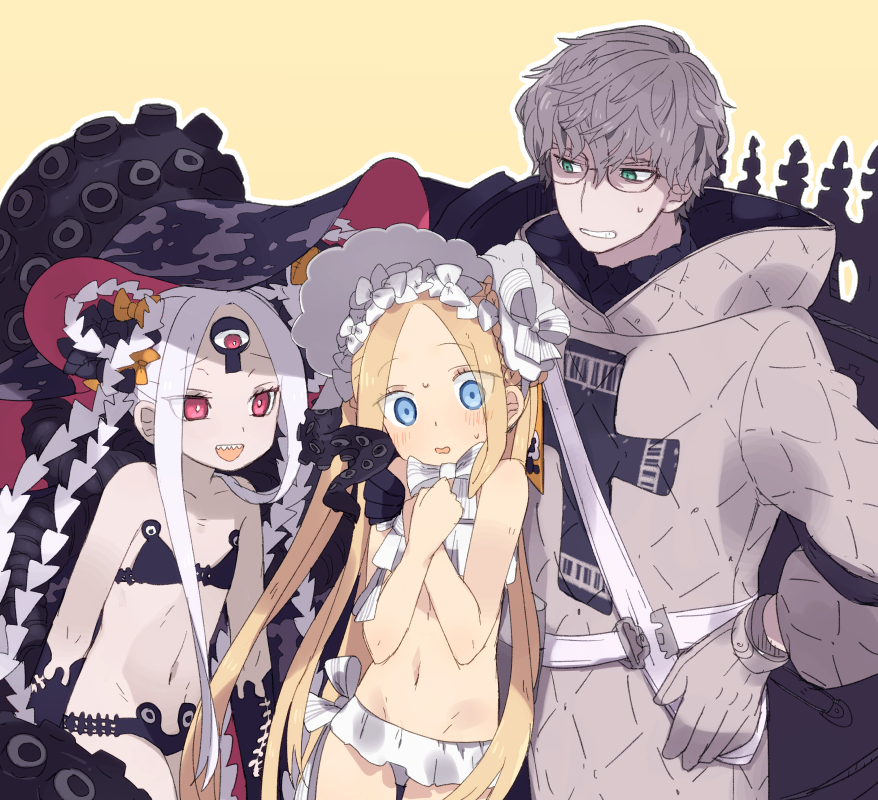 1boy, 2girls, abigail_williams_(fate), abigail_williams_(swimsuit_foreigner)_(fate), abigail_williams_(swimsuit_foreigner)_(first_ascension)_(fate), abigail_williams_(swimsuit_foreigner)_(third_ascension)_(fate), bikini, black_bikini, blonde_hair, blue_eyes, blush, coat, commentary_request, corruption, cowboy_shot, dark_persona, dual_persona, eldritch_abomination, fate/grand_order, fate/grand_order_arcade, fate_(series), flat_chest, frilled_bikini, frills, gloves, green_eyes, grey_coat, grey_gloves, grey_hair, hood, hooded_coat, jacques_de_molay_(saber)_(fate), long_hair, looking_at_another, midriff, moruka_(karupattyo03), multiple_girls, parted_bangs, possessed, possession, red_eyes, sharp_teeth, short_hair, simple_background, sweat, swimsuit, teeth, white_bikini, white_hair, yog-sothoth