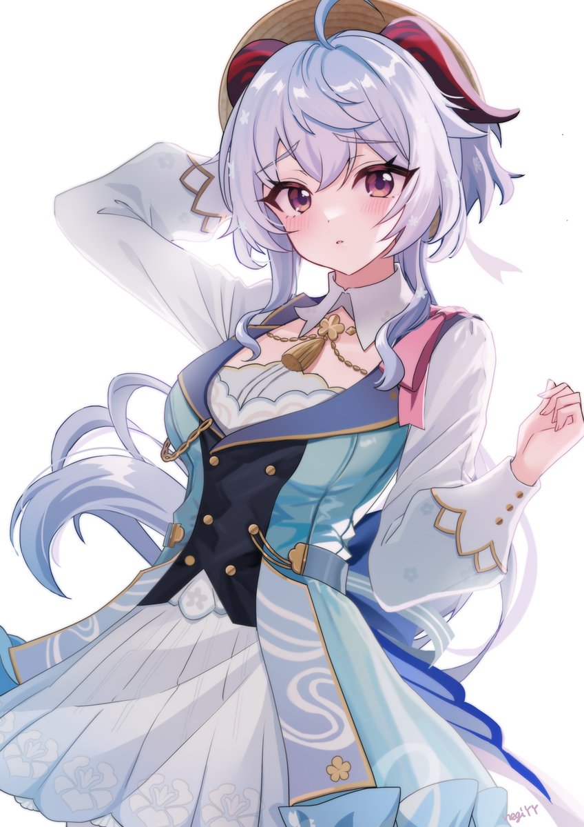 1girl, ahoge, alternate_costume, aonegi, ayaka_(genshin_impact), blue_dress, blue_hair, blush