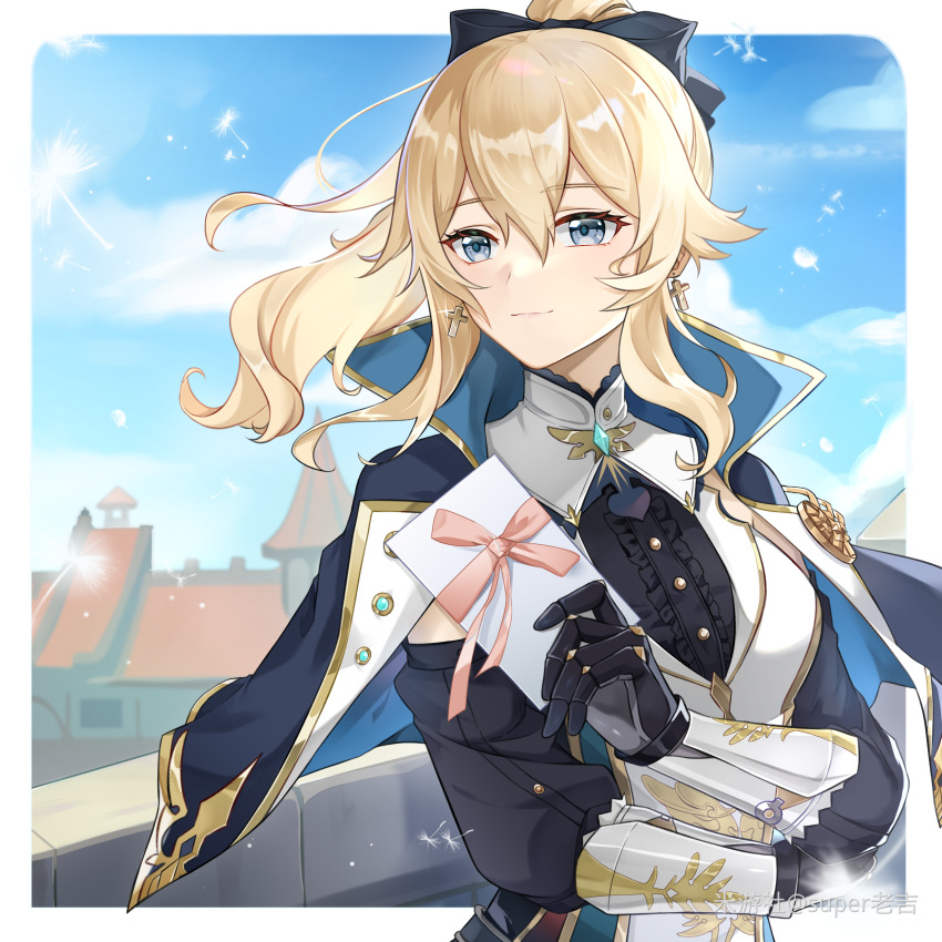 1girl, absurdres, artist_name, black_capelet, black_gloves, black_shirt, blonde_hair, blue_capelet