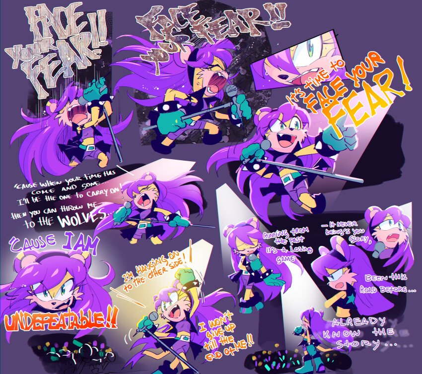 6+girls, absurdres, belt, black_hairband, boots, concert, drawloverlala, english_text