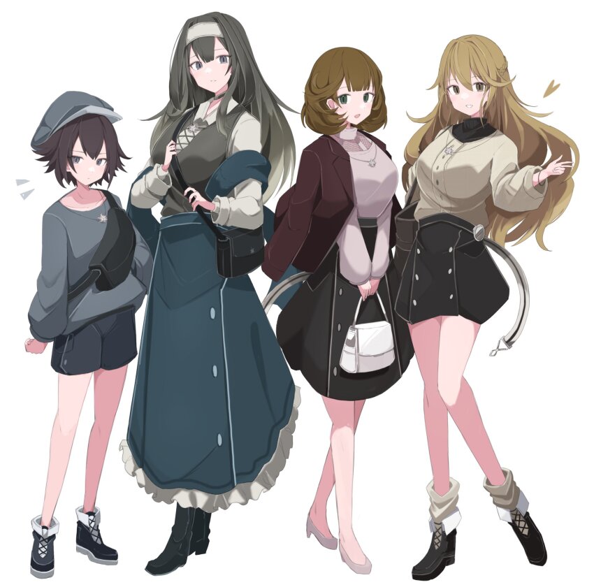 4girls, alternate_costume, bag, baggy_clothes, black_hair, boots, breasts, brown_eyes, brown_hair, casual, comic, duel_monster, exosister_elis, exosister_irene, exosister_sophia, exosister_stella, full_body, green_eyes, grey_eyes, grey_hair, hand_up, handbag, headband, high_heels, highres, holding, holding_bag, jacket, jacket_on_shoulders, large_breasts, long_hair, long_sleeves, multiple_girls, sakuragi_raia, satchel, shirt, shoes, short_hair, shorts, simple_background, skirt, white_background, yu-gi-oh!