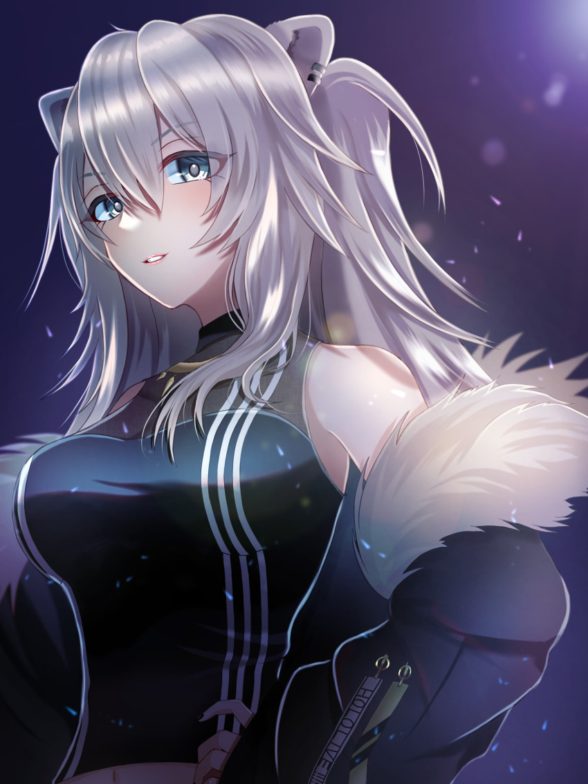 1girl, absurdres, animal_ears, black_jacket, black_nails, black_shirt, blush, breasts