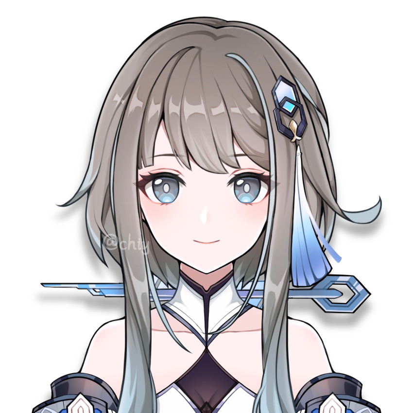 1girl, bare_shoulders, blue_eyes, brown_hair, closed_mouth, genshin_impact, guizhong_(genshin_impact), hair_ornament, highres, looking_at_viewer, short_hair_with_long_locks, smile, solo, swept_bangs, yizhe