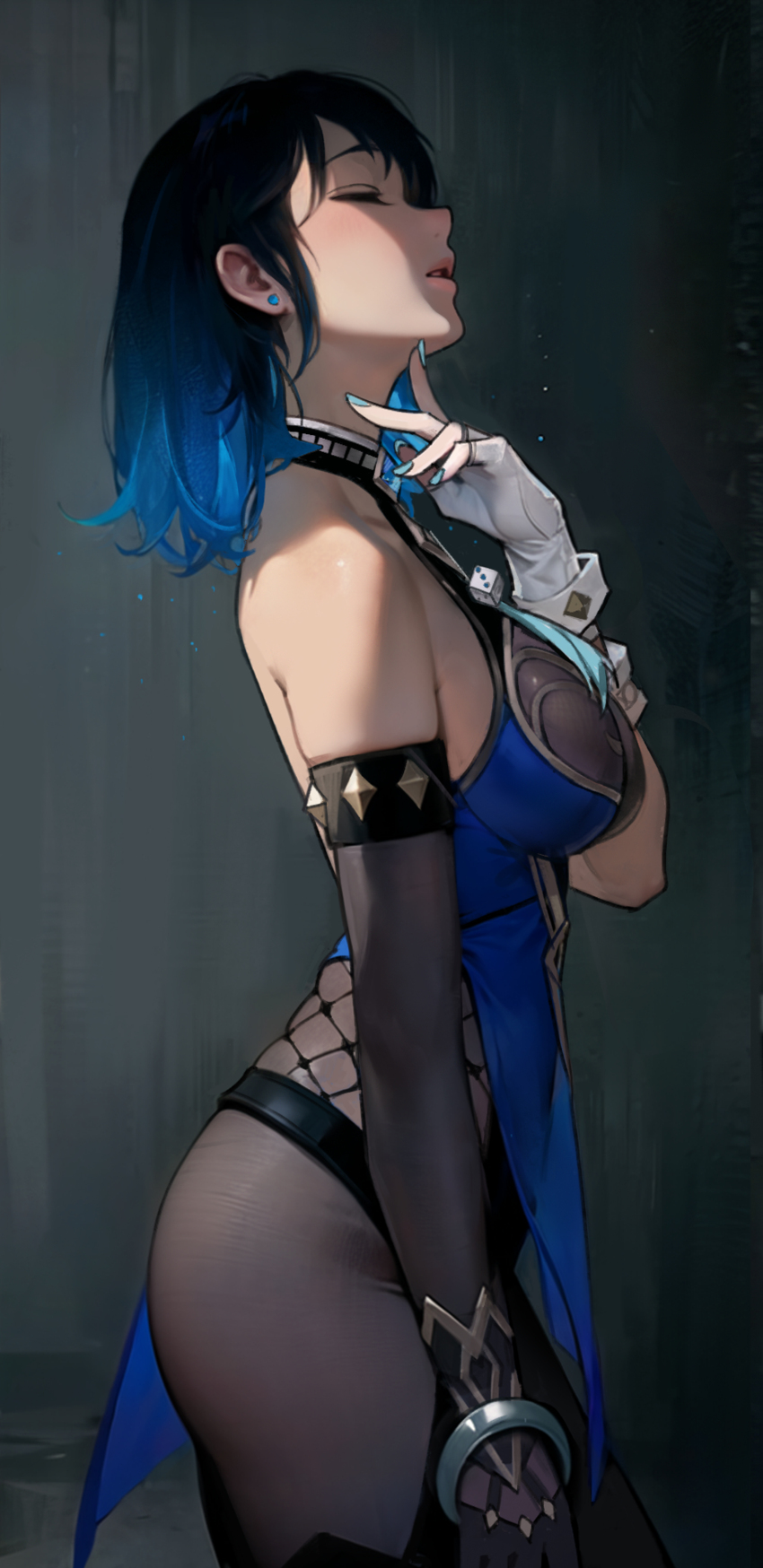 1girl, absurdres, asymmetrical_gloves, bare_shoulders, bead_choker, blue_nails, bob_cut, bracelet