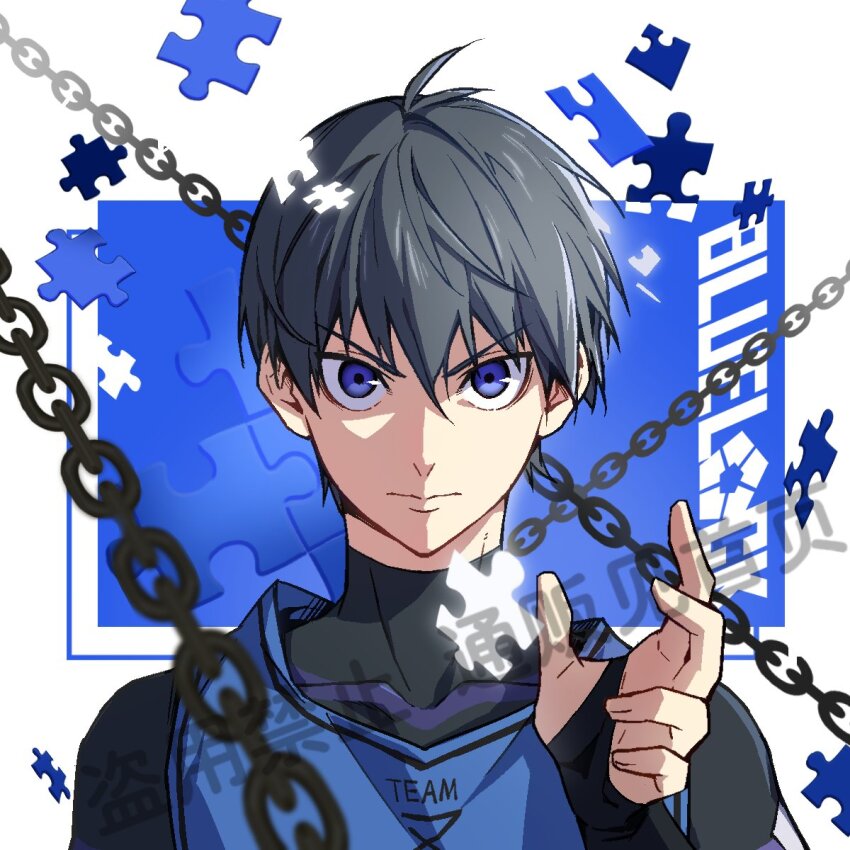 1boy, black_bodysuit, black_hair, blue_background, blue_eyes, blue_lock, blue_tank_top, bodysuit, chain, closed_mouth, english_text, hair_between_eyes, hand_up, highres, isagi_yoichi, long_sleeves, male_focus, puzzle_piece, short_hair, simple_background, skin_tight, soccer_uniform, solo, sportswear, tank_top, two-tone_background, upper_body, v-shaped_eyebrows, white_background, yngh41109180