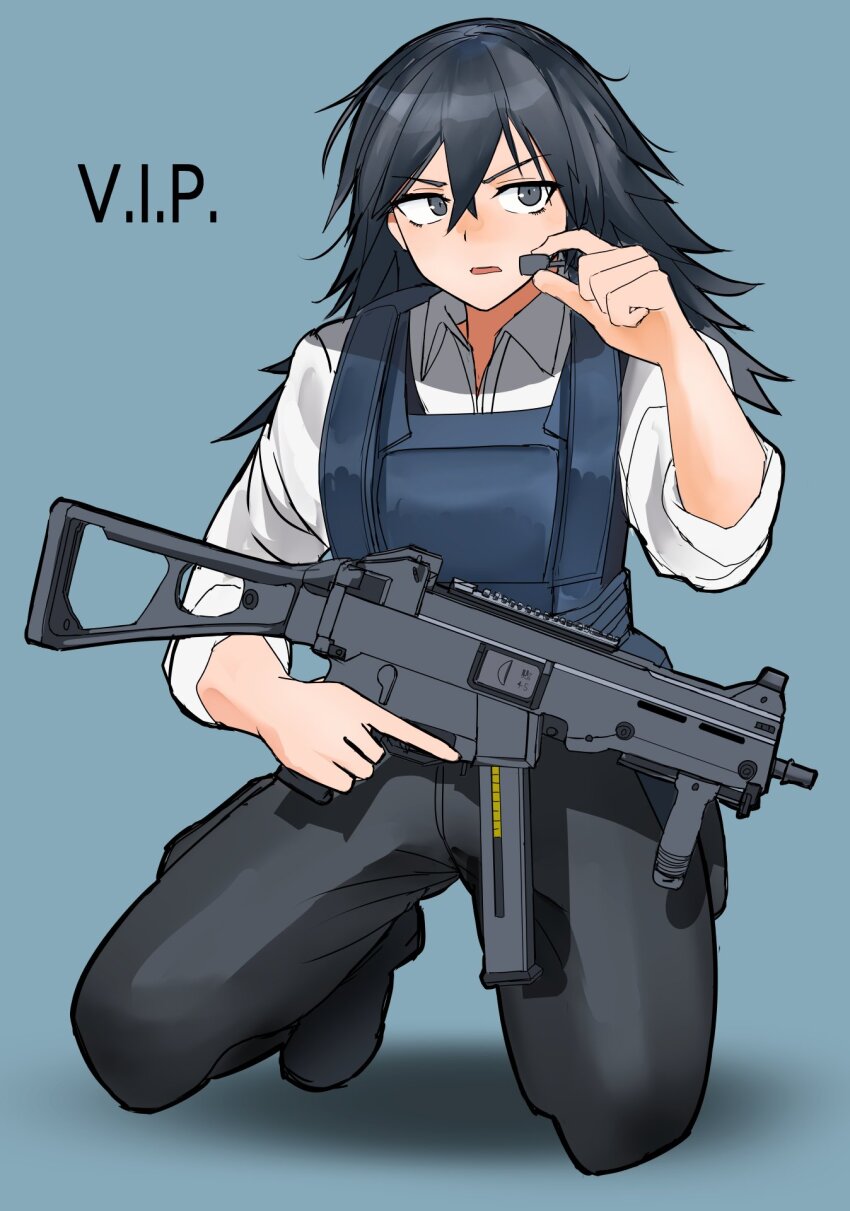 1girl, ammunition, black_eyes, black_hair, black_pants, blue_background, bulletproof_vest, check_weapon, collared_shirt, copyright_name, full_body, gun, h&amp;k_ump, hair_between_eyes, headset, highres, holding, holding_weapon, kneeling, long_hair, messy_hair, mikumikudance, open_mouth, pants, shirt, simple_background, sleeves_rolled_up, solo, submachine_gun, toiro_(mononz3), v.i.p._(mikumikudance_video), weapon, weapon_request, white_shirt, window_magazine