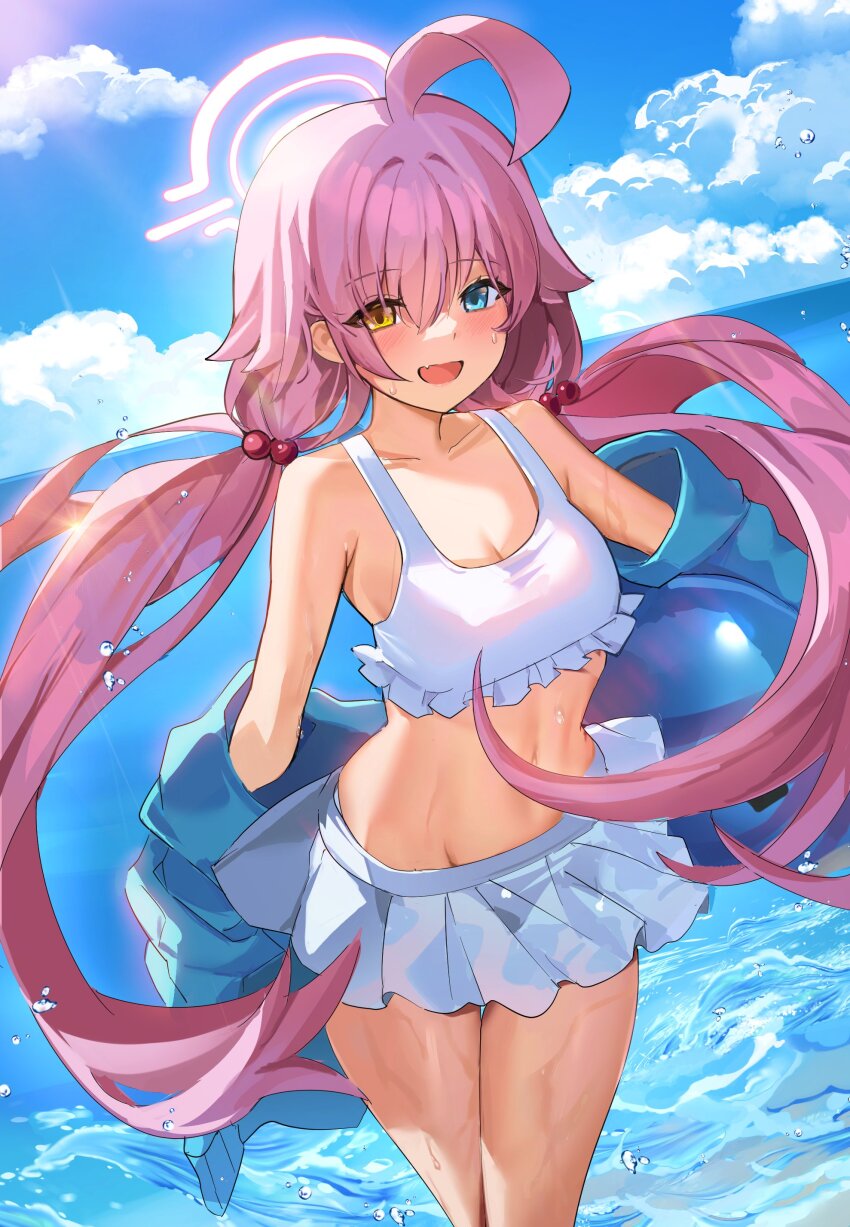 1girl, absurdres, ahoge, bikini, bikini_skirt, blue_archive, blue_eyes, blue_jacket
