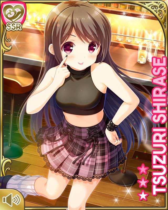 1girl, :p, ahoge, alternate_hairstyle, black_hair, brown_background, card_(medium), character_name, day, girlfriend_(kari), gyaru, indoors, official_art, open_mouth, pink_skirt, plaid_clothes, plaid_skirt, pleated_skirt, qp:flapper, red_eyes, shirase_tsuzuri, shirase_tuzuri, shoes, skirt, smile, socks, solo, standing, standing_on_one_leg, tag, tagme, tank_top, tongue, tongue_out