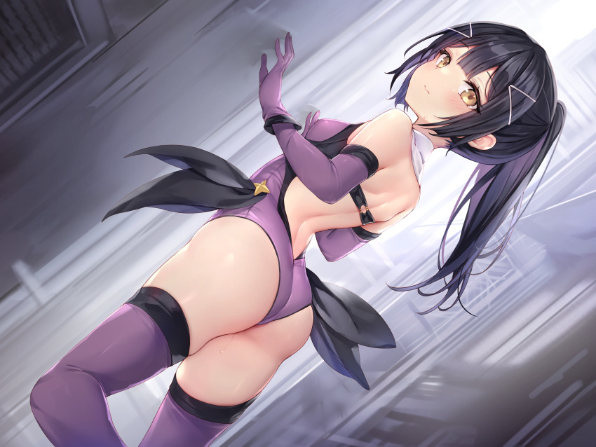 1girl, absurdres, against_wall, alley, ass, back, backless_leotard, bare_shoulders, black_hair, blush, breasts, cosplay, cowboy_shot, elbow_gloves, fate/kaleid_liner_prisma_illya, fate_(series), gloves, hair_ornament, hairclip, haishiki, highres, leotard, long_hair, looking_at_viewer, looking_back, miyu_edelfelt, miyu_edelfelt_(cosplay), miyu_edelfelt_(magical_girl), non-web_source, original, outdoors, ponytail, purple_gloves, purple_leotard, purple_thighhighs, small_breasts, solo, thighhighs, wavy_mouth, yellow_eyes