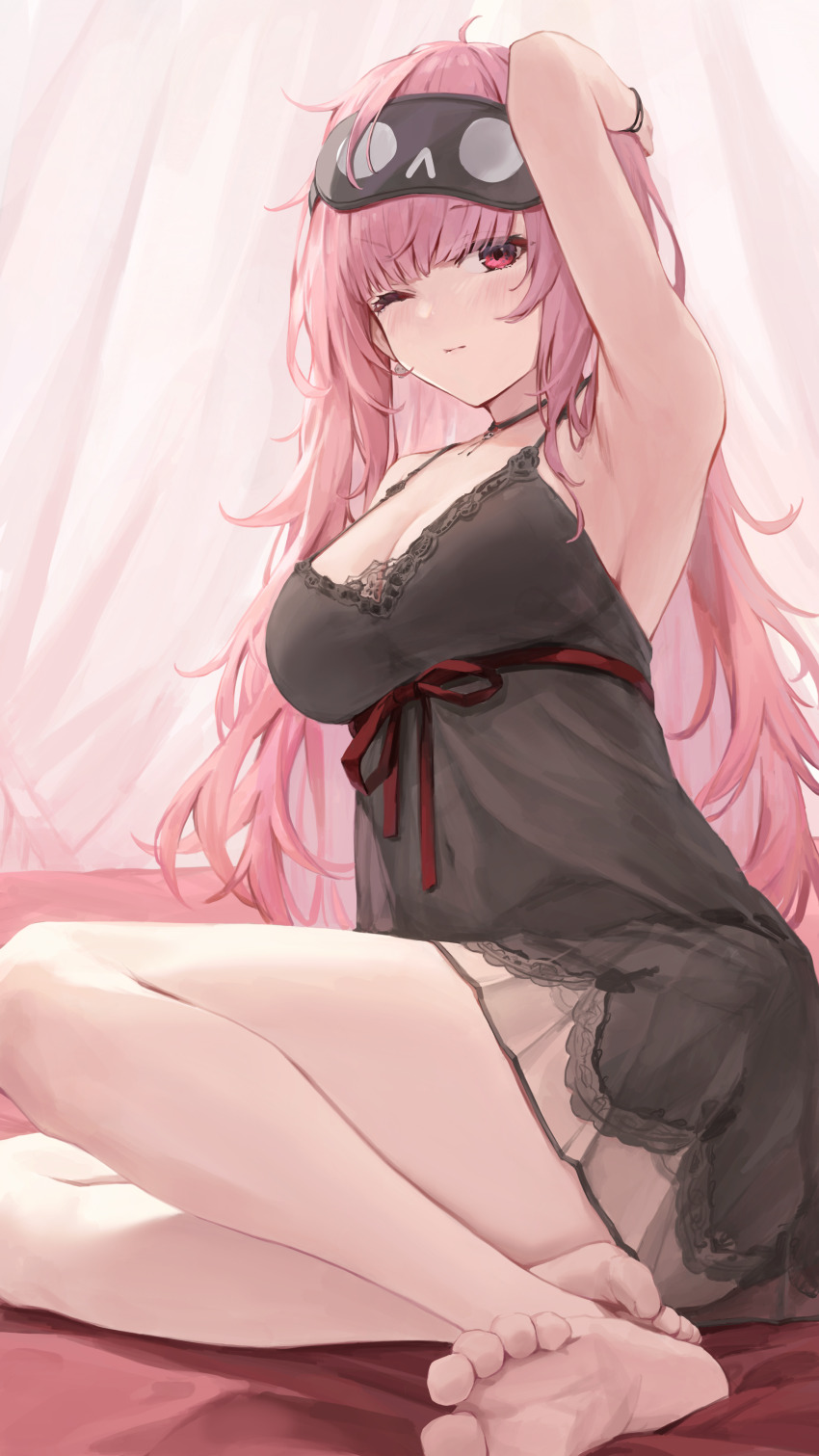 1girl, absurdres, arm_up, armpits, barefoot, black_choker, black_nightgown, blush