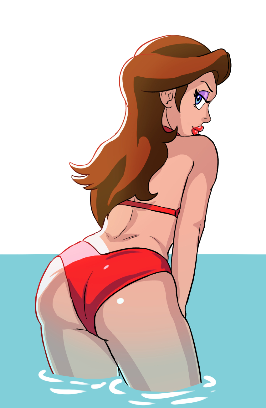 1girl, alternate_costume, ass, back, bikini, blue_eyes, brown_hair, donkey_kong_(1981_game), donkey_kong_(series), highres, lipstick, long_hair, looking_at_viewer, looking_back, makeup, mario_(series), nintendo, pauline_(nintendo), peppertroopa, shiny_skin, simple_background, smile, swimsuit, thick_lips, thighs, water