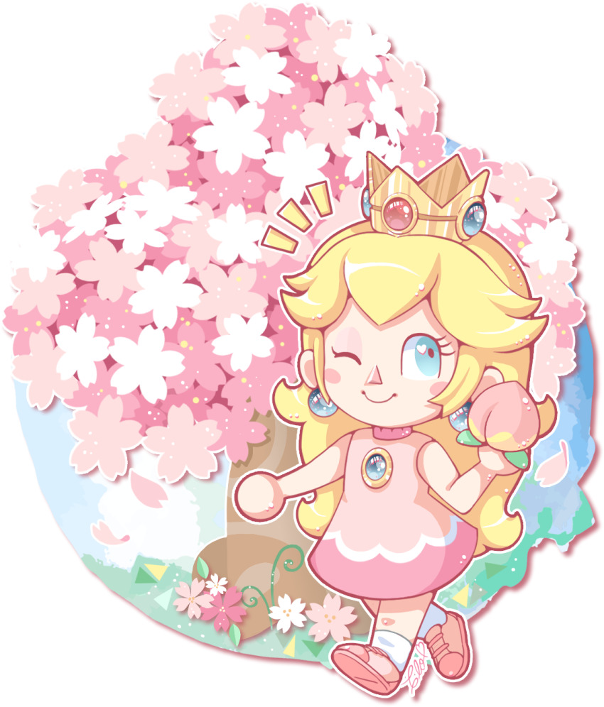 animal_crossing, animal_crossing_(style), blonde_hair, blue_eyes, cherry_blossoms, cherry_tree, crown, dress