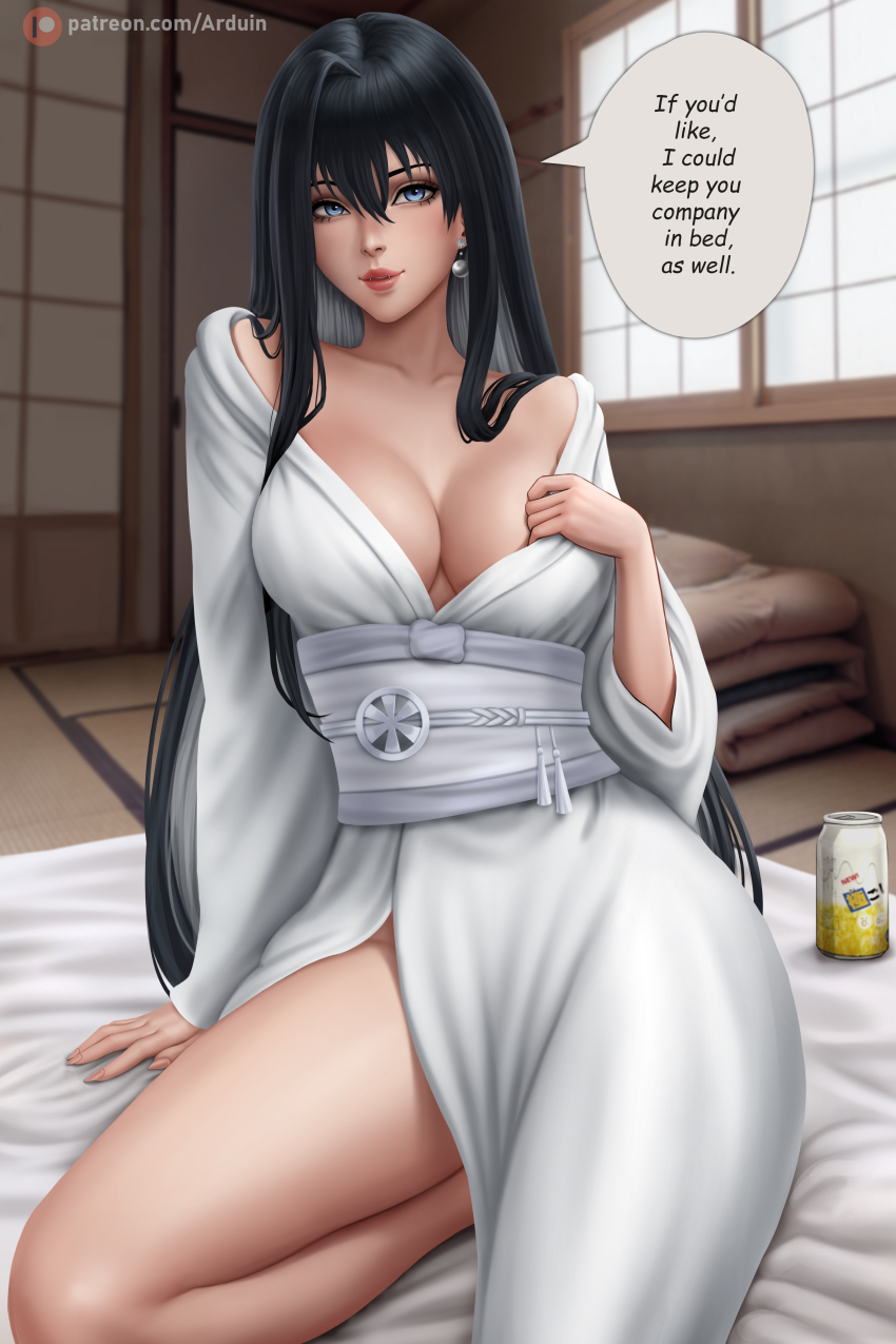 1girl, absurdres, architecture, arduin_(arduin_art), black_hair, blue_eyes, breasts, can, cleavage, colored_inner_hair, come_hither, earrings, east_asian_architecture, english_text, hair_between_eyes, highres, indoors, japanese_clothes, jewelry, kimono, kyokou_suiri, large_breasts, lips, long_hair, multicolored_hair, obi, parted_lips, patreon_username, sash, single_bare_leg, sitting, solo, speech_bubble, very_long_hair, white_kimono, yuki-onna_(kyokou_suiri), yuki_onna