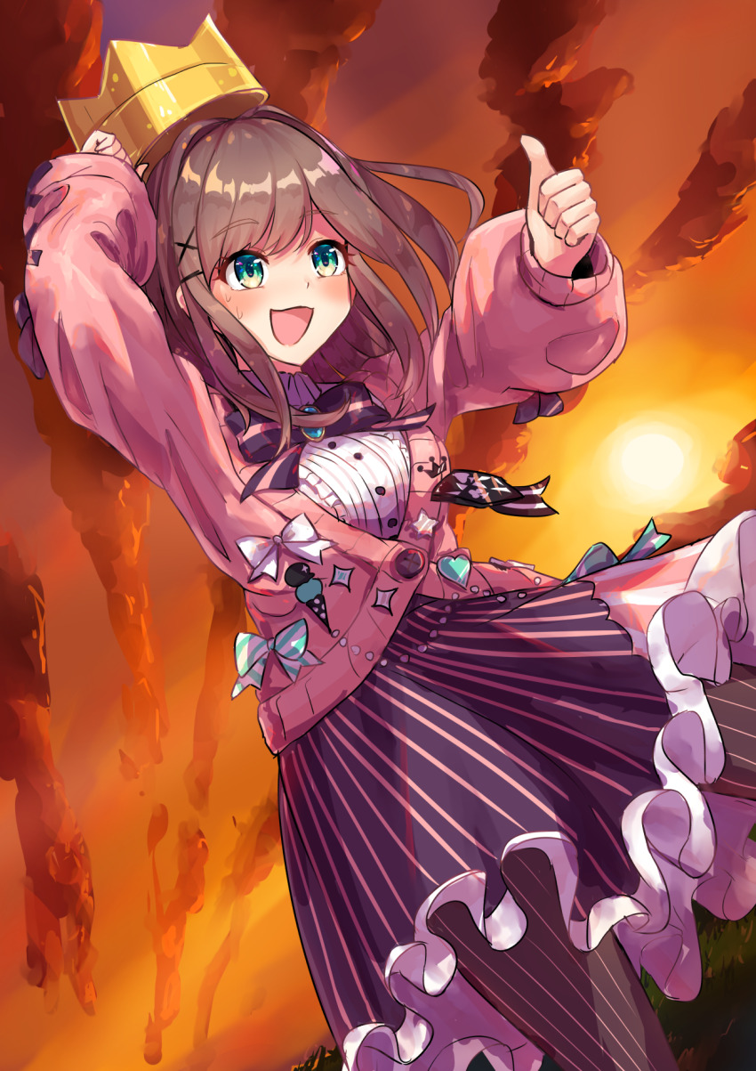 1girl, asymmetrical_bangs, blue_eyes, blush, bow, brooch, brown_hair, cardigan