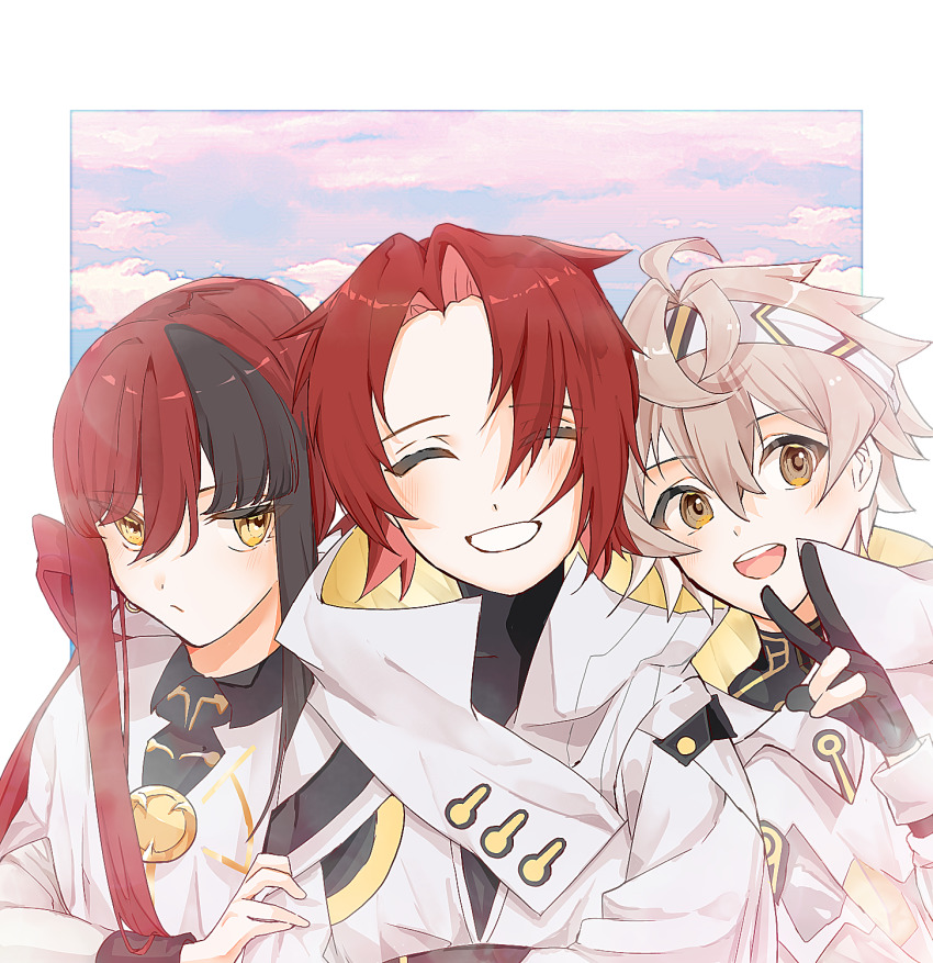 1girl, 2boys, alchemy_stars, arm_hug, black_gloves, black_hair, black_shirt, blush, brown_hair, closed_eyes, coat, facing_viewer, gloves, hand_up, highres, long_hair, maid_headdress, mendelson_(alchemy_stars), multicolored_hair, multiple_boys, navigator_(alchemy_stars), open_mouth, partially_fingerless_gloves, red_eyes, schummer_(alchemy_stars), shirt, short_hair, smile, t_maguo, turtleneck, two-tone_hair, upper_body, v, white_coat, yellow_eyes