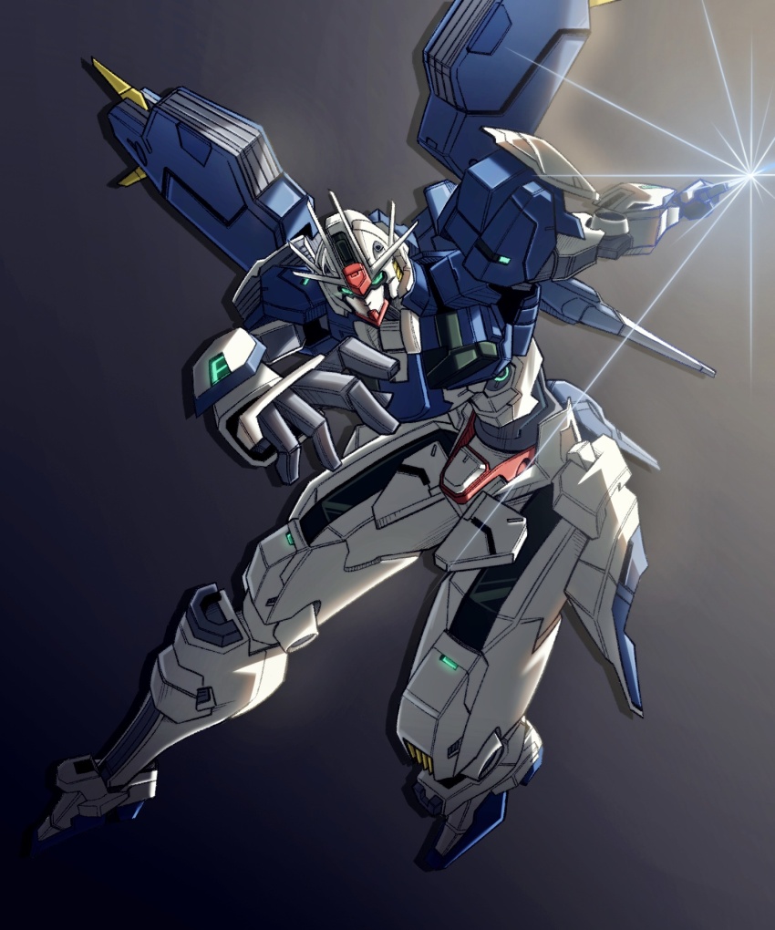 energy_sword, commentary, english_commentary, gradient_background, green_eyes, grey_background, gundam, gundam_aerial_rebuild