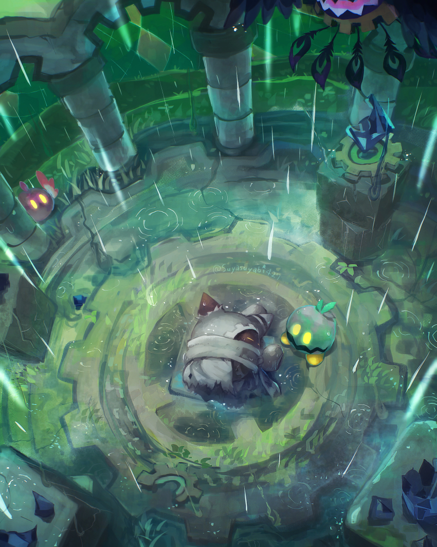 absurdres, closed_eyes, disembodied_hand, doomer_(kirby), feathers, glowing, glowing_eyes, grass