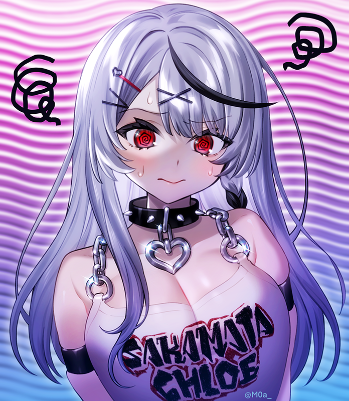 1girl, @_@, black_hair, hololive, image_sample, moa_(21energy12), multicolored_hair, red_eyes