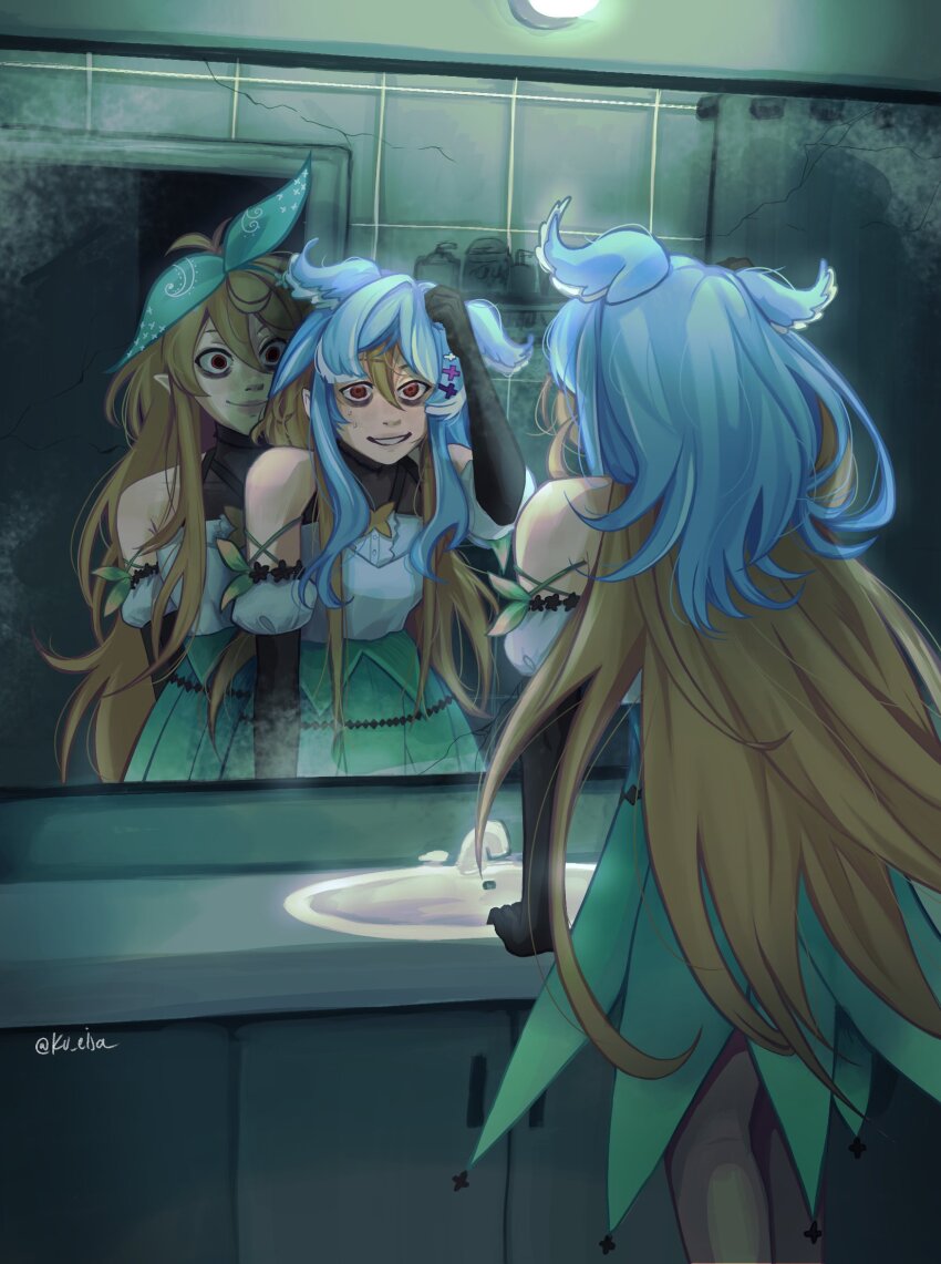 2girls, bags_under_eyes, black_gloves, blonde_hair, blue_hair, commentary, cosplay, detached_sleeves