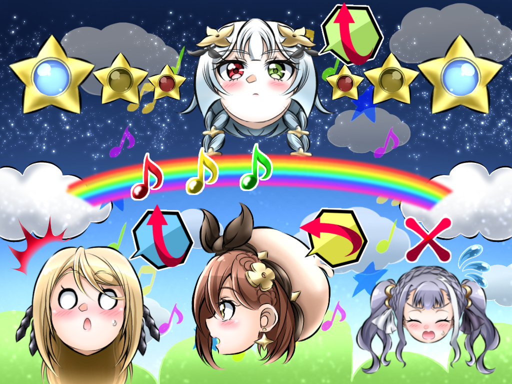 4girls, aqua_hair, arrow_(symbol), atelier_(series), blonde_hair, blush, brown_hair, closed_eyes