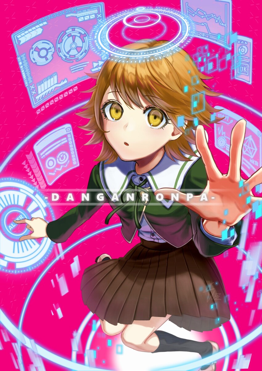 1boy, :o, black_socks, brown_hair, brown_skirt, collared_shirt, copyright_name, danganronpa:_trigger_happy_havoc