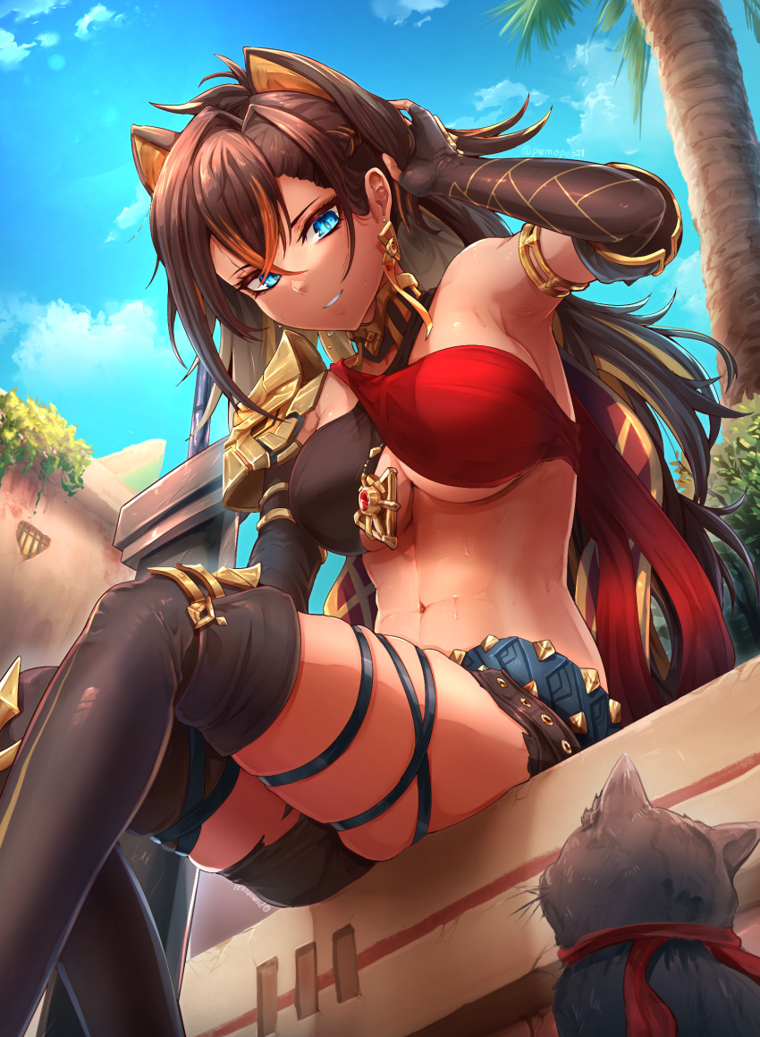 1girl, abs, arm_armor, arm_up, armlet, armpits, asymmetrical_clothes, belt, black_cat, black_gloves, black_hair, blonde_hair, blue_eyes, boots, breasts, capelet, cat, cleavage, criss-cross_halter, crossed_bangs, dark-skinned_female, dark_skin, dehya_(genshin_impact), earrings, elbow_gloves, floating_earrings, from_below, gem, genshin_impact, gloves, gold_choker, hair_between_eyes, hair_intakes, halterneck, highres, jewelry, large_breasts, long_hair, looking_at_animal, multicolored_hair, multiple_thigh_straps, muscular, muscular_female, navel, outdoors, pants, parted_lips, pemosuke, red_capelet, red_gem, red_scarf, scarf, single_bare_shoulder, single_earring, sitting, skindentation, sky, smile, solo, stomach, streaked_hair, sweat, thigh_boots, thigh_strap, thighs, torn_clothes, torn_pants, tree, twitter_username, two-tone_hair, underboob, yellow_pupils