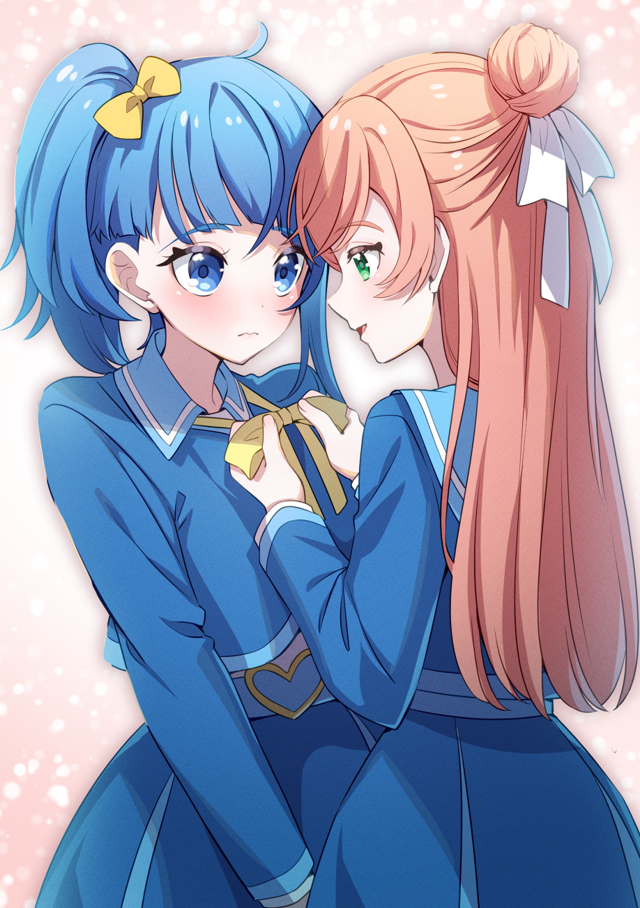 2girls, blue_eyes, blue_hair, bow, green_eyes, hair_bow, hair_bun, hair_ribbon