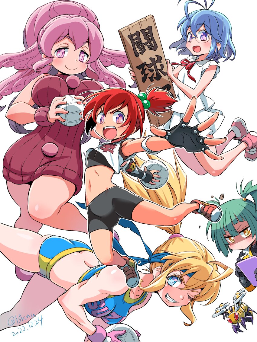 5girls, absurdres, aqua_hair, asymmetrical_bangs, ball, bike_shorts, blue_eyes, blue_hair, blue_headband, breasts, character_request, crop_top, dated, dodgeball, dress, drone, elbow_pads, female_focus, fingerless_gloves, foreshortening, glasses, gloves, grin, hair_bobbles, hair_ornament, headband, highres, holding, holding_ball, holding_sign, honoo_no_toukyuujo:_dodge_danko, ichigeki_danko, isedaichi_ken, jumping, kobotoke_chinko, large_breasts, medium_breasts, mochiko_etai, multiple_girls, one_eye_closed, one_side_up, otohana_hanii, pink_eyes, ponytail, purple_eyes, purple_hair, red_hair, serious, shoes, sidelocks, sign, simple_background, skirt, small_breasts, smile, sports_bikini, suzy_(dodge_danko), sweater, sweater_dress, twitter_username, two_side_up, white_background, white_skirt