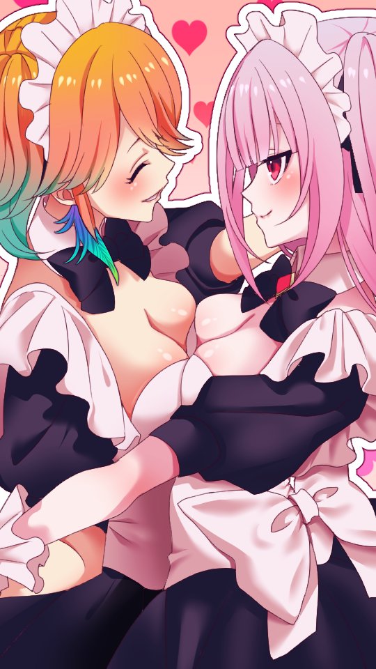 2girls, apron, blunt_bangs, blush, breast_press, breasts, cleavage, couple