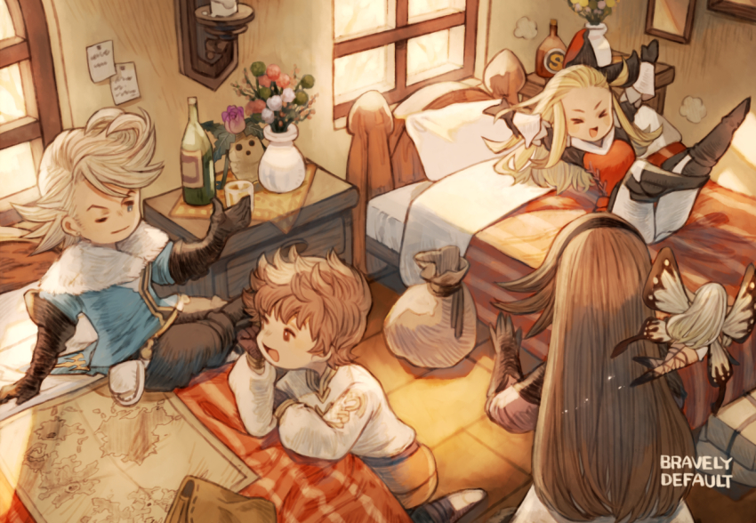 >_<, 2boys, 3girls, agnes_oblige, airy_(bravely_default), black_gloves, blonde_hair, blue_eyes