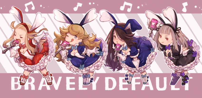 4girls, ;p, agnes_oblige, animal_ears, black_dress, black_footwear, blonde_hair, blue_dress