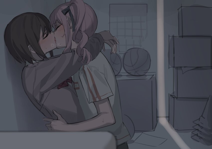 1girl, 1other, absurdres, akiyama_mizuki, androgynous, ball, basketball, basketball_(object)