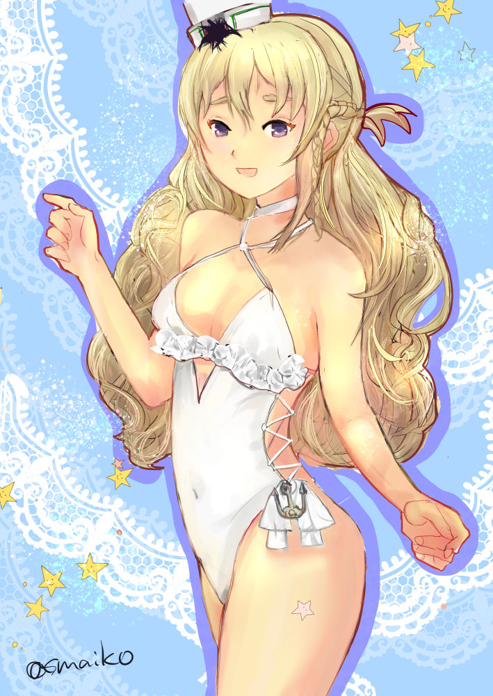 1girl, anchor_ornament, blonde_hair, braid, breasts, brown_eyes, casual_one-piece_swimsuit, choker