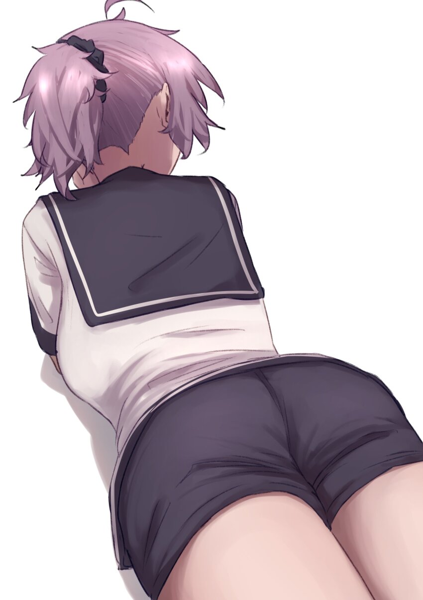 1girl, absurdres, antenna_hair, aoba_(kancolle), ass, black_scrunchie, blue_sailor_collar, blue_shorts