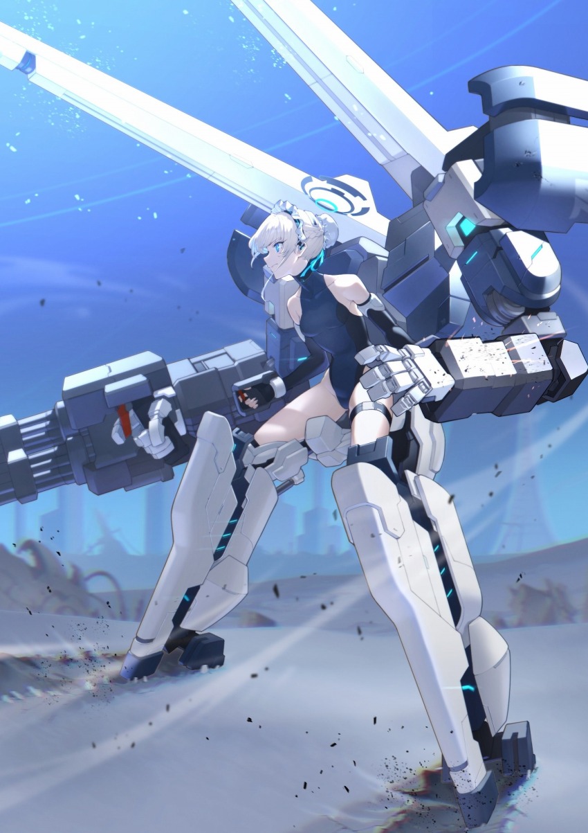 1girl, blonde_hair, blue_archive, blue_eyes, blue_hair, blue_leotard, blue_ribbon, blue_sky