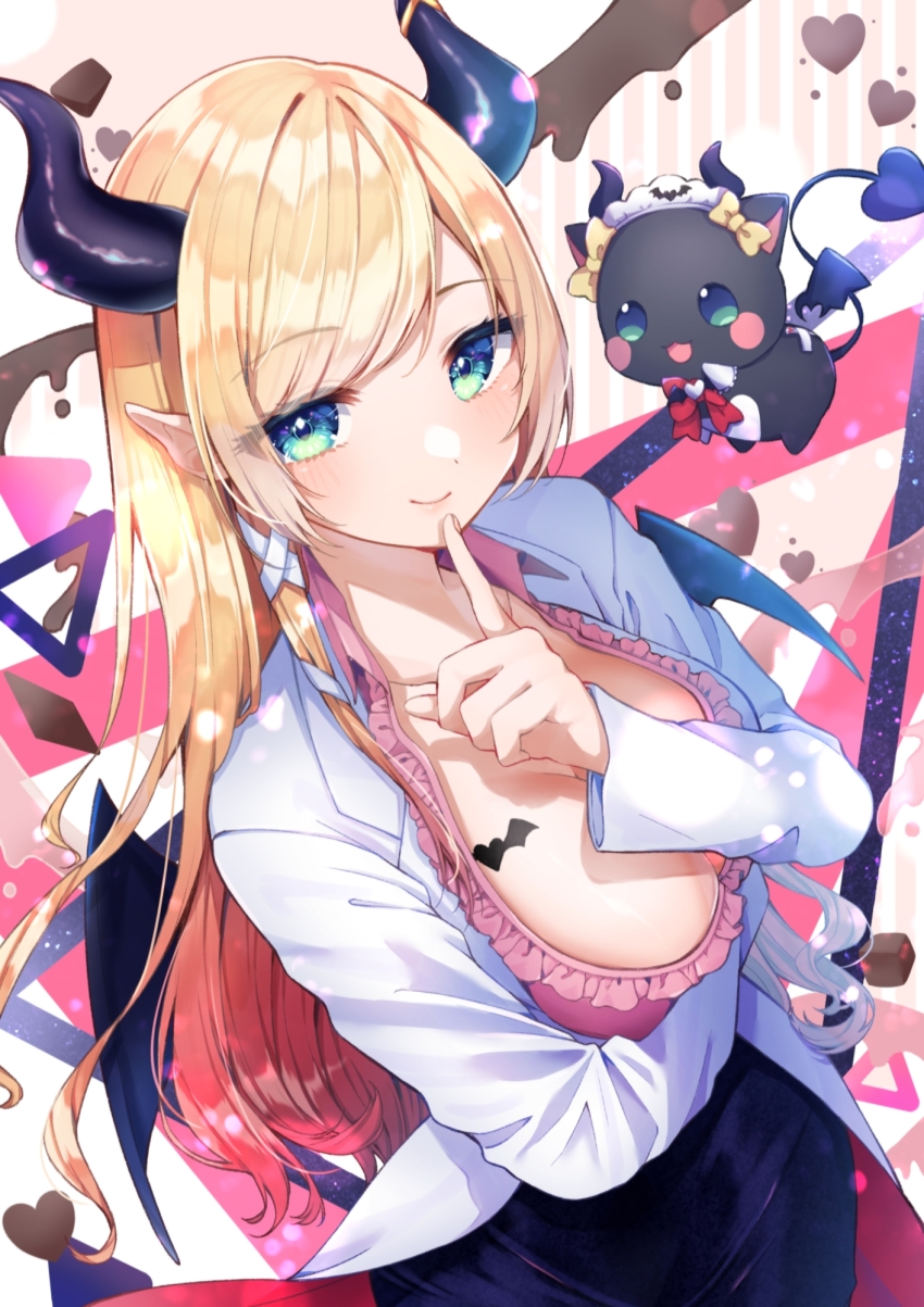 1girl, arm_under_breasts, black_horns, black_skirt, blonde_hair, breast_tattoo, breasts, center_frills, cleavage, closed_mouth, coat, demon_girl, demon_horns, demon_wings, finger_to_own_chin, frilled_shirt, frills, gradient_hair, green_eyes, highres, hololive, horn_ornament, horn_ring, horns, kuwaefuru, lab_coat, large_breasts, long_hair, looking_at_viewer, multicolored_hair, open_clothes, open_coat, pencil_skirt, pink_hair, pink_shirt, pointy_ears, red_coat, shirt, single_sidelock, skirt, smile, solo, swept_bangs, tattoo, two-sided_coat, two-sided_fabric, virtual_youtuber, white_coat, winged_heart, winged_heart_tattoo, wings, yuzuki_choco, yuzuki_choco_(1st_costume)