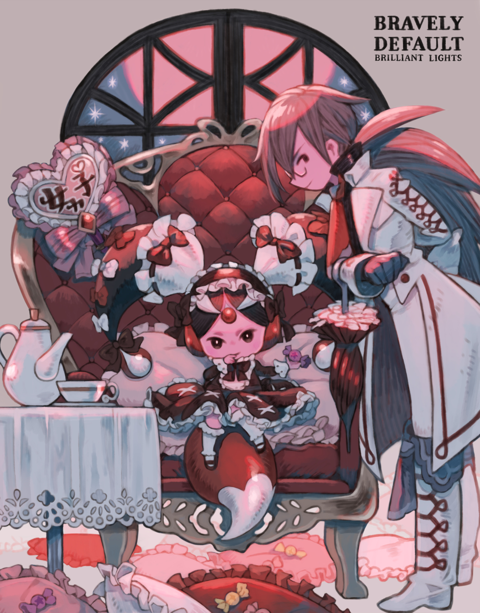 1boy, 1girl, arm_behind_back, black_dress, black_hair, boots, bow, bravely_default:_brilliant_lights