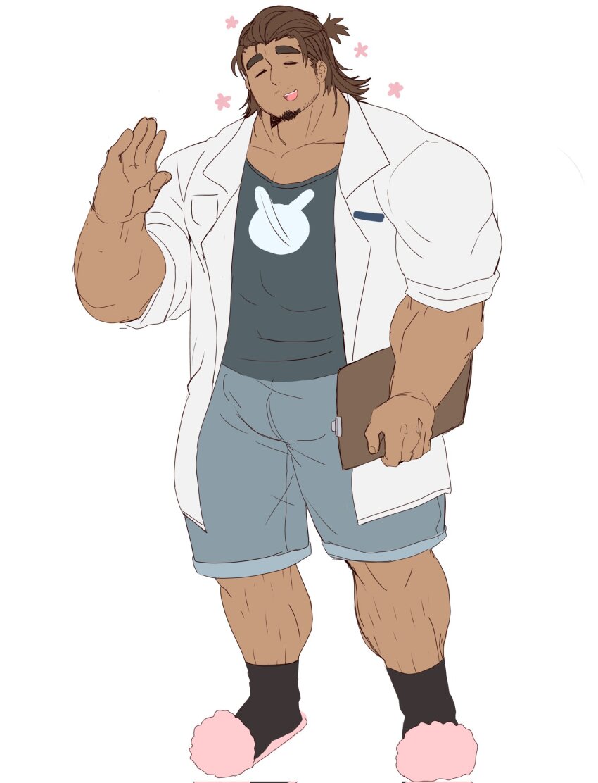 1boy, =_=, animal_print, animal_slippers, bara, brown_hair, bulge, bunny_slippers